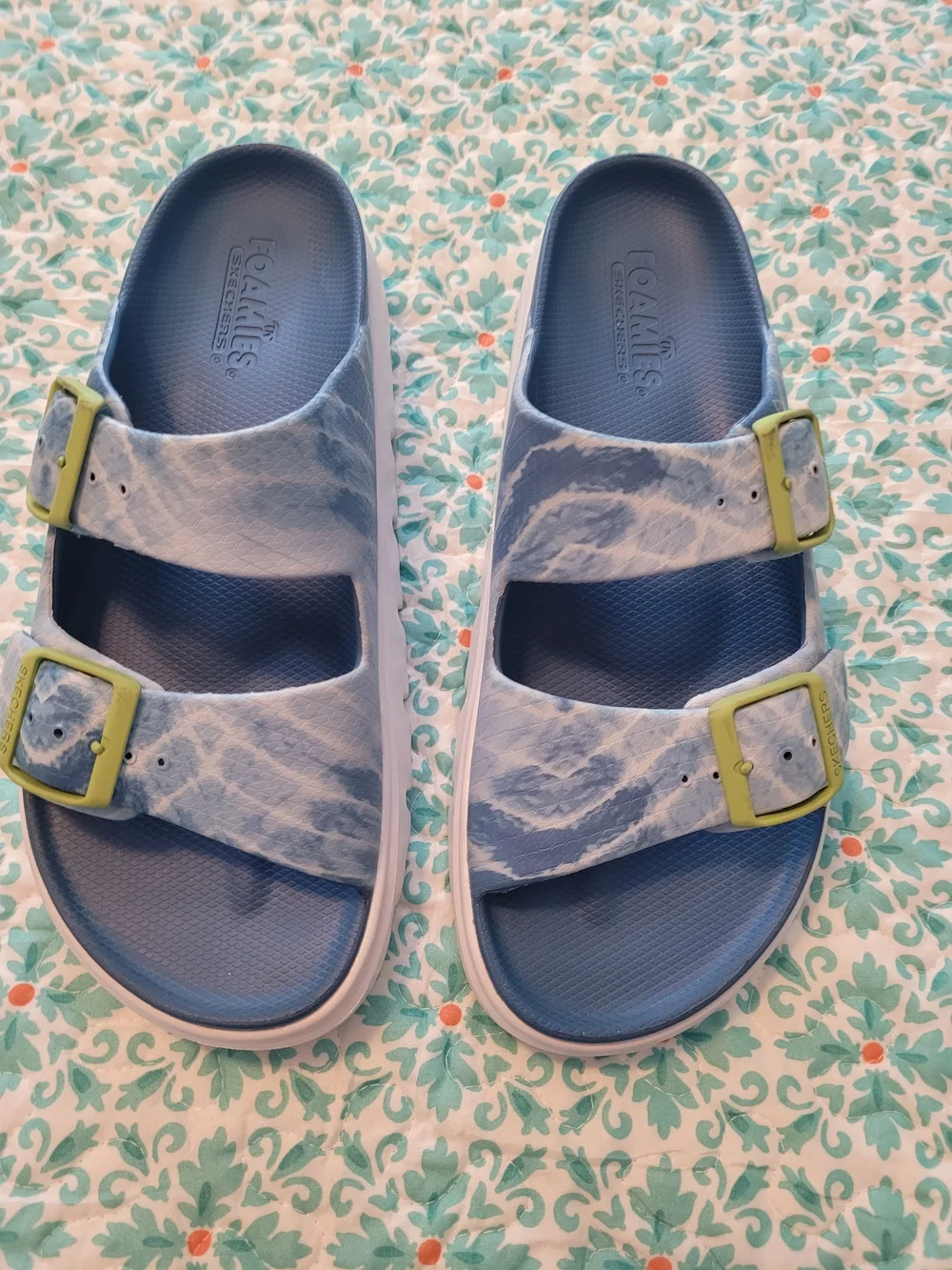 Skechers Blue and White Slide Sandals with Lime Buckles. Womens Size 10